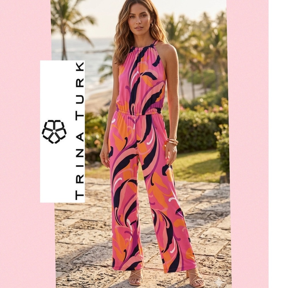 Trina Turk Pink Multi Psychedelic Print Halter Wide Leg Jumpsuit Retro Hippie